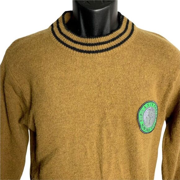 XY Corp Wool Pullover Sweater S Brown Long Sleeve Embroidered Patch High Neck - Picture 2 of 7